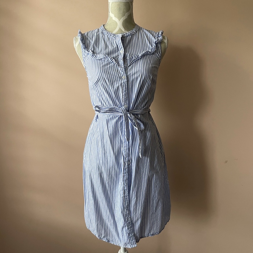 Pin stripe ruffle tie up dress button up style